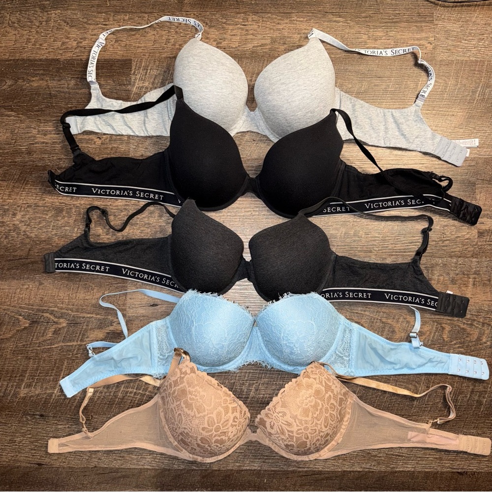 Victoria's Secret Women's Size 38C 5 Bra Set Black, Gray, Blue, Tan